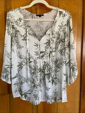 Papermoon White Blouse with Olive Leaf Print and V-Neck